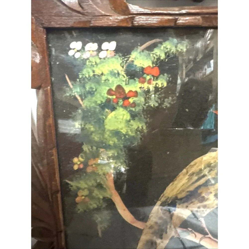 2 VTG Mexican Folk Art Feathercraft Feather Colorful Birds Carved Wood Frame